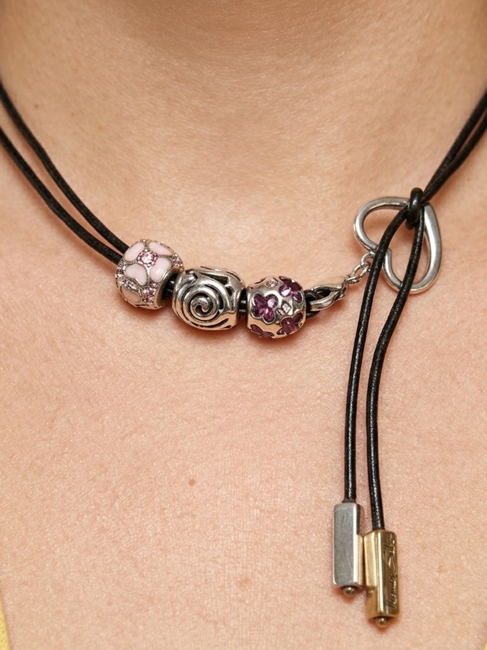 Vintage Leather Cord Wrap Necklace Silver Tone Charms & Heart Clip 40"